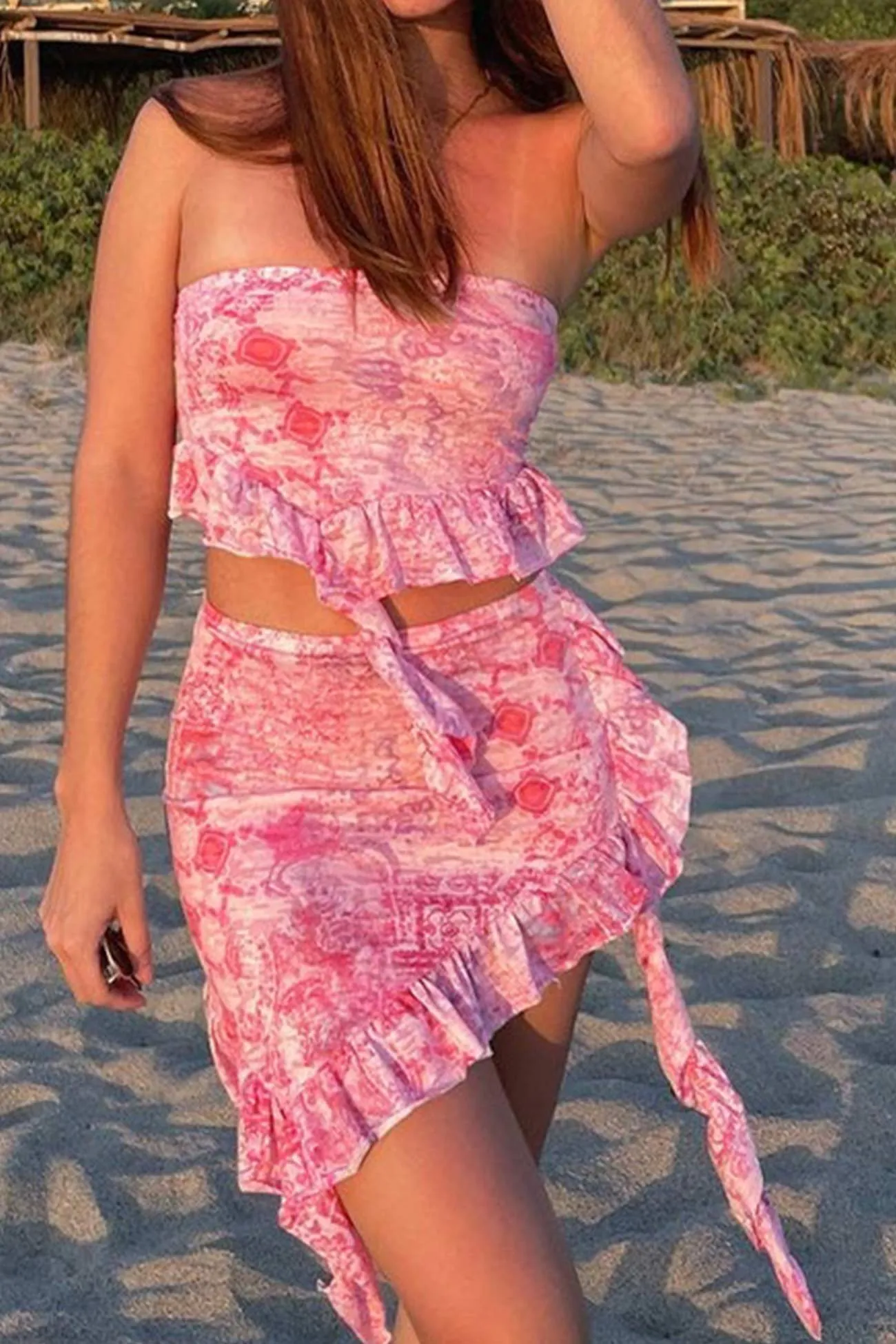 Pink Tie-dyed Fringe Hem Crop Top Skirt Suits