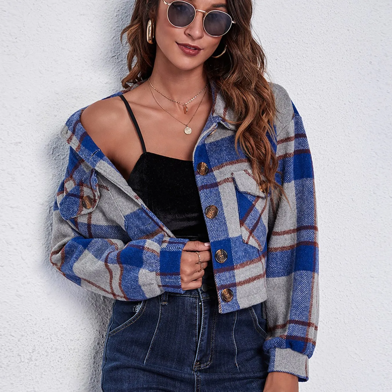 Plaid Cropped Button Down Flannel Style Plaid Jacket