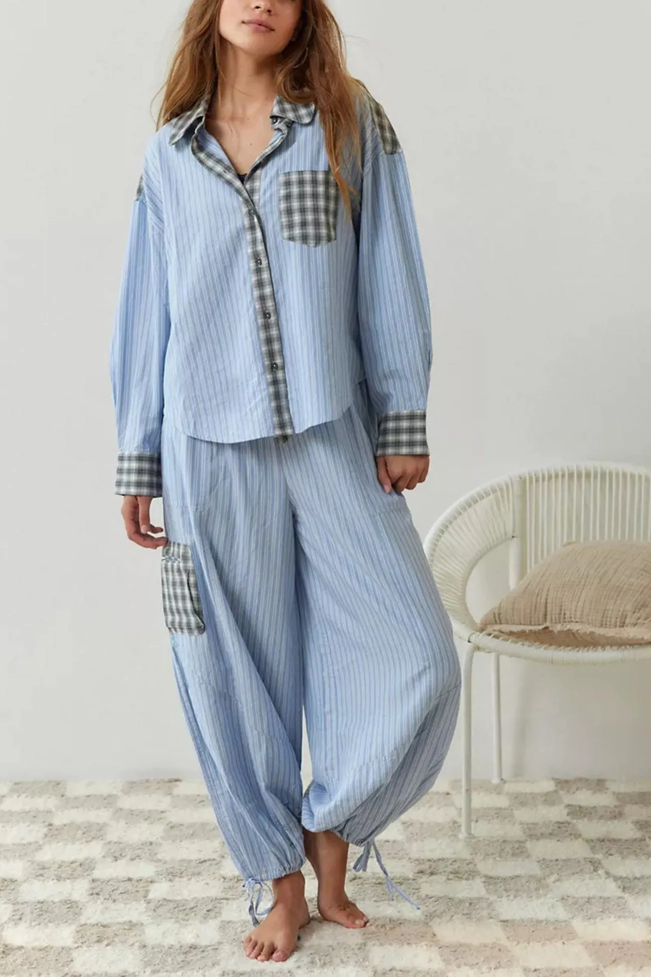 Plaid Striped Patchwork Shirt Suits