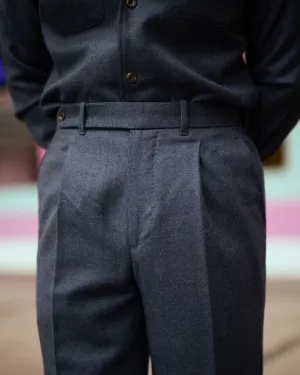 Pleated Dugdale Navy Blue Wool Flannel High Rise Dress Pant