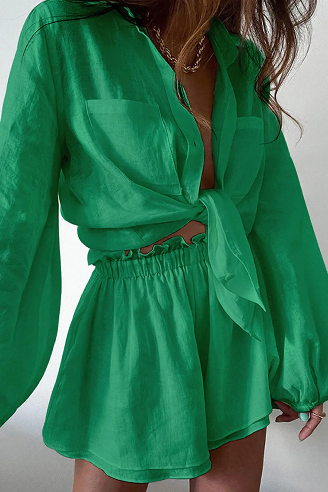 Pocketed Solid Color Shirt Ruffle Waist Shorts Suits