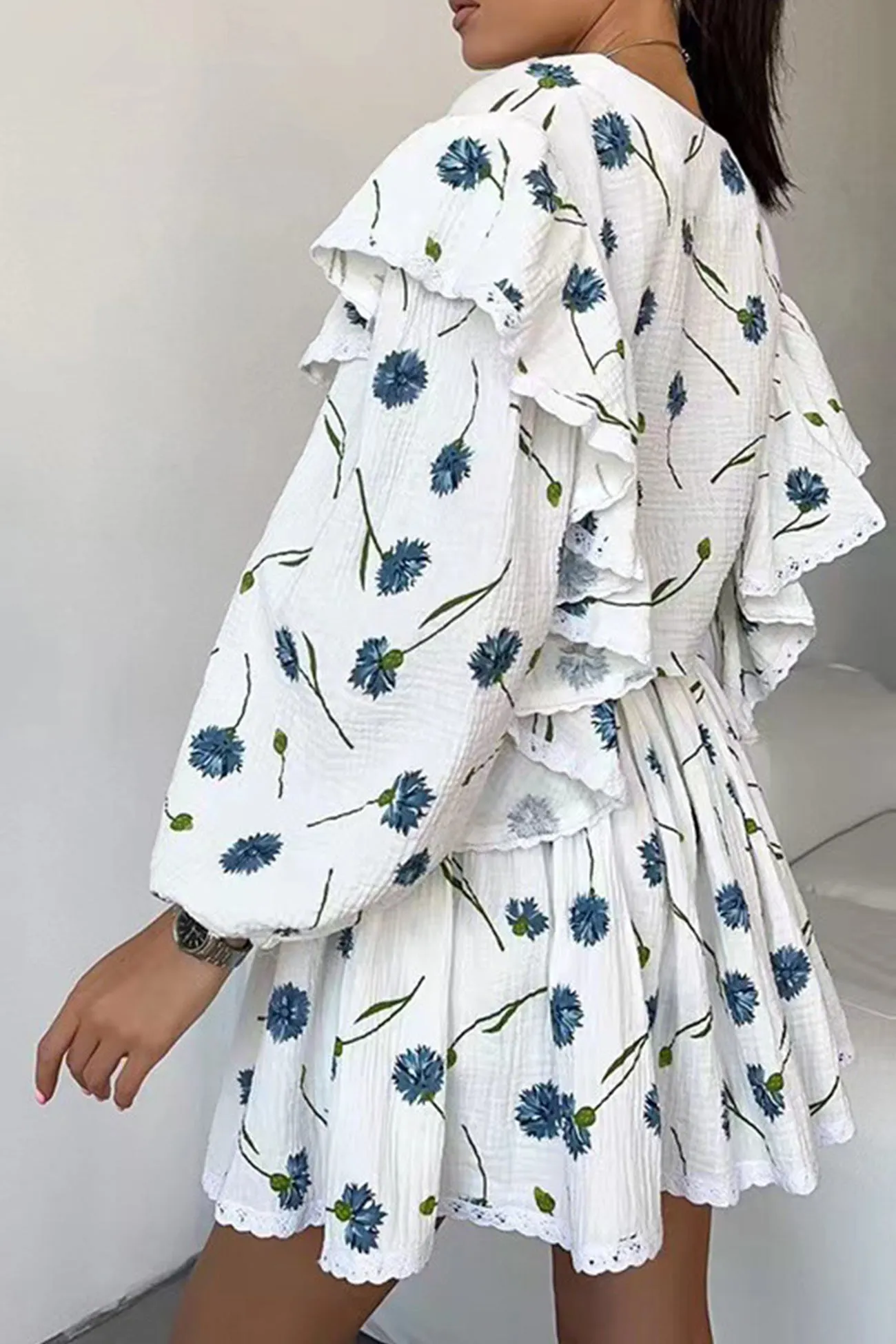 Ruffle Sleeve Printed Crop Top Skirt Suits