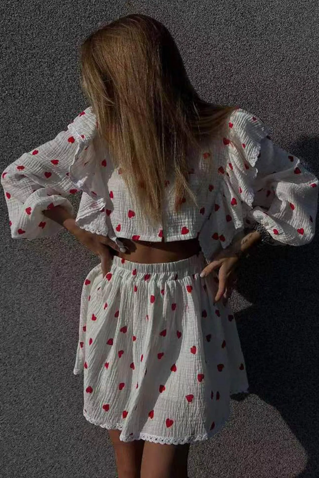 Ruffle Sleeve Printed Crop Top Skirt Suits