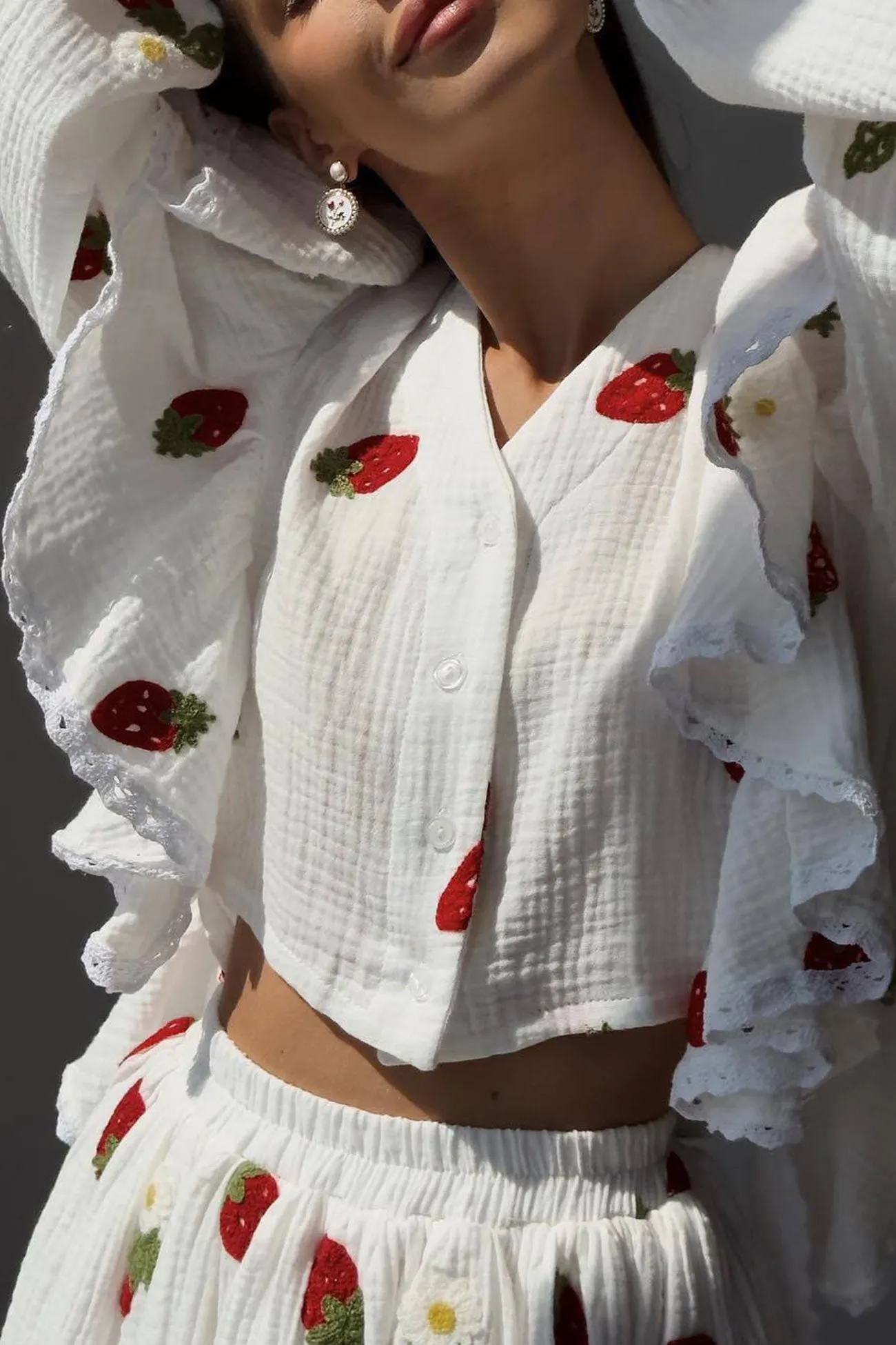 Ruffle Sleeve Printed Crop Top Skirt Suits