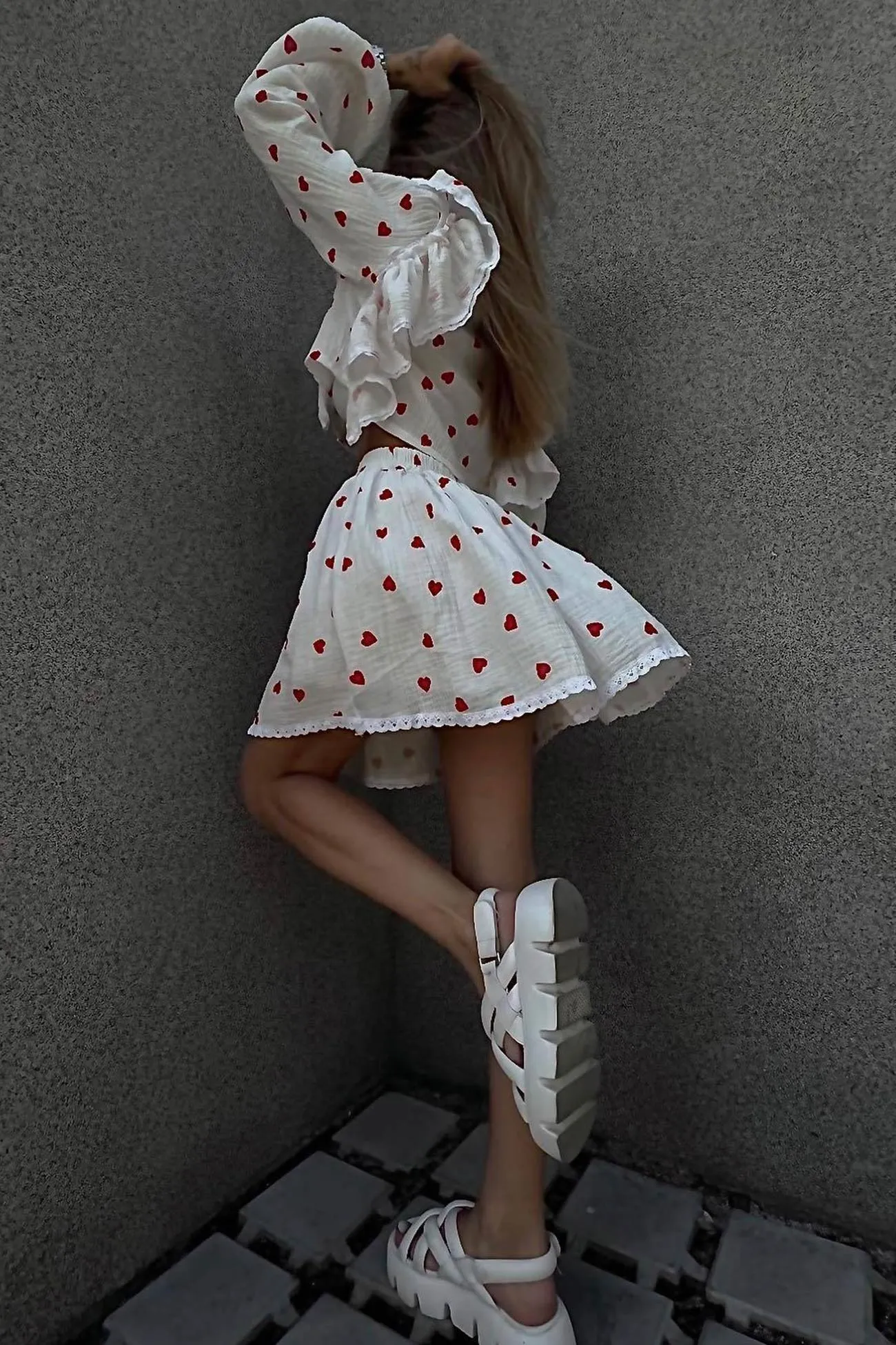 Ruffle Sleeve Printed Crop Top Skirt Suits