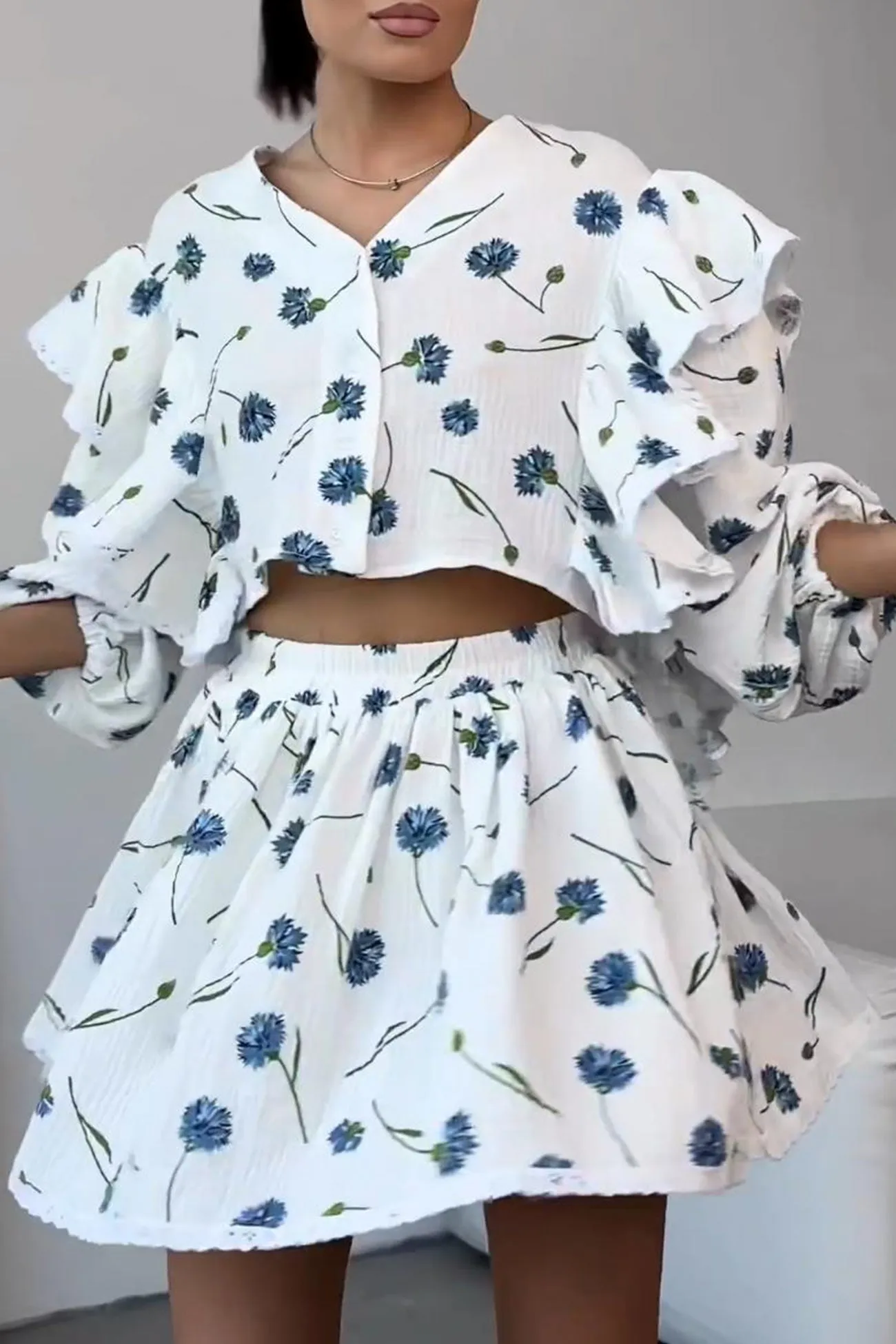 Ruffle Sleeve Printed Crop Top Skirt Suits