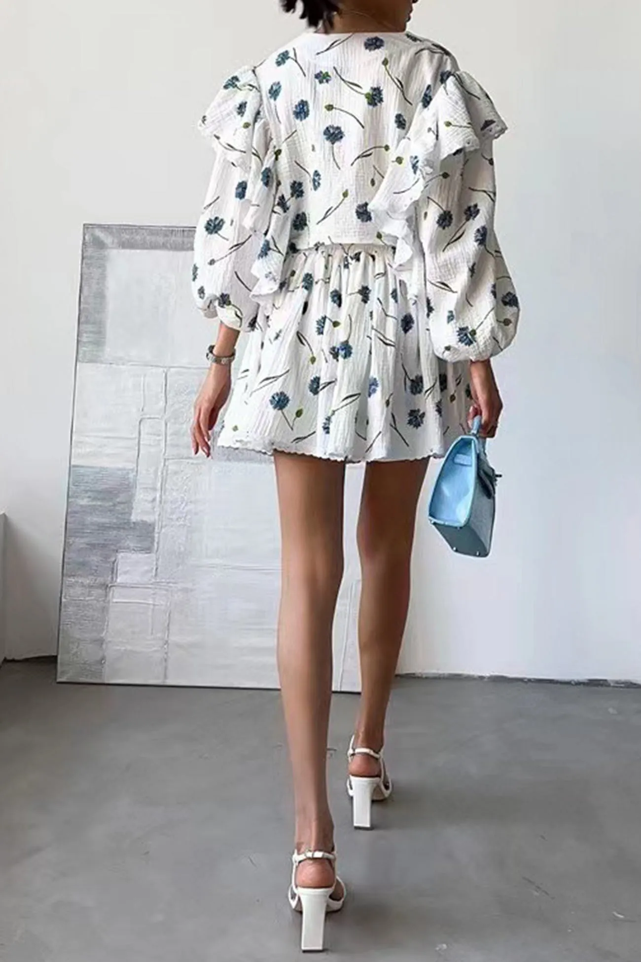 Ruffle Sleeve Printed Crop Top Skirt Suits