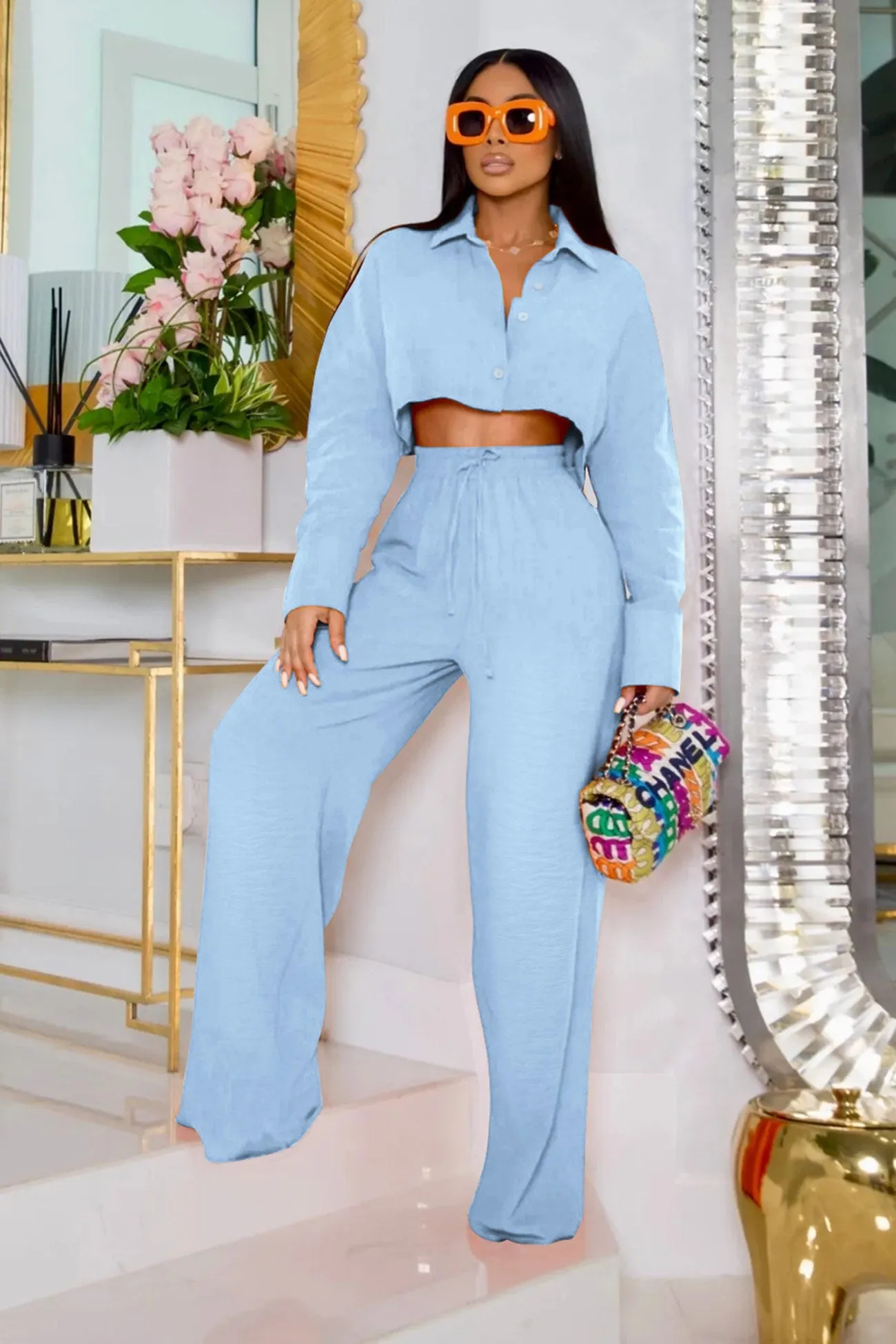 Solid Crop Shirt Wide Leg Long Pants Suits