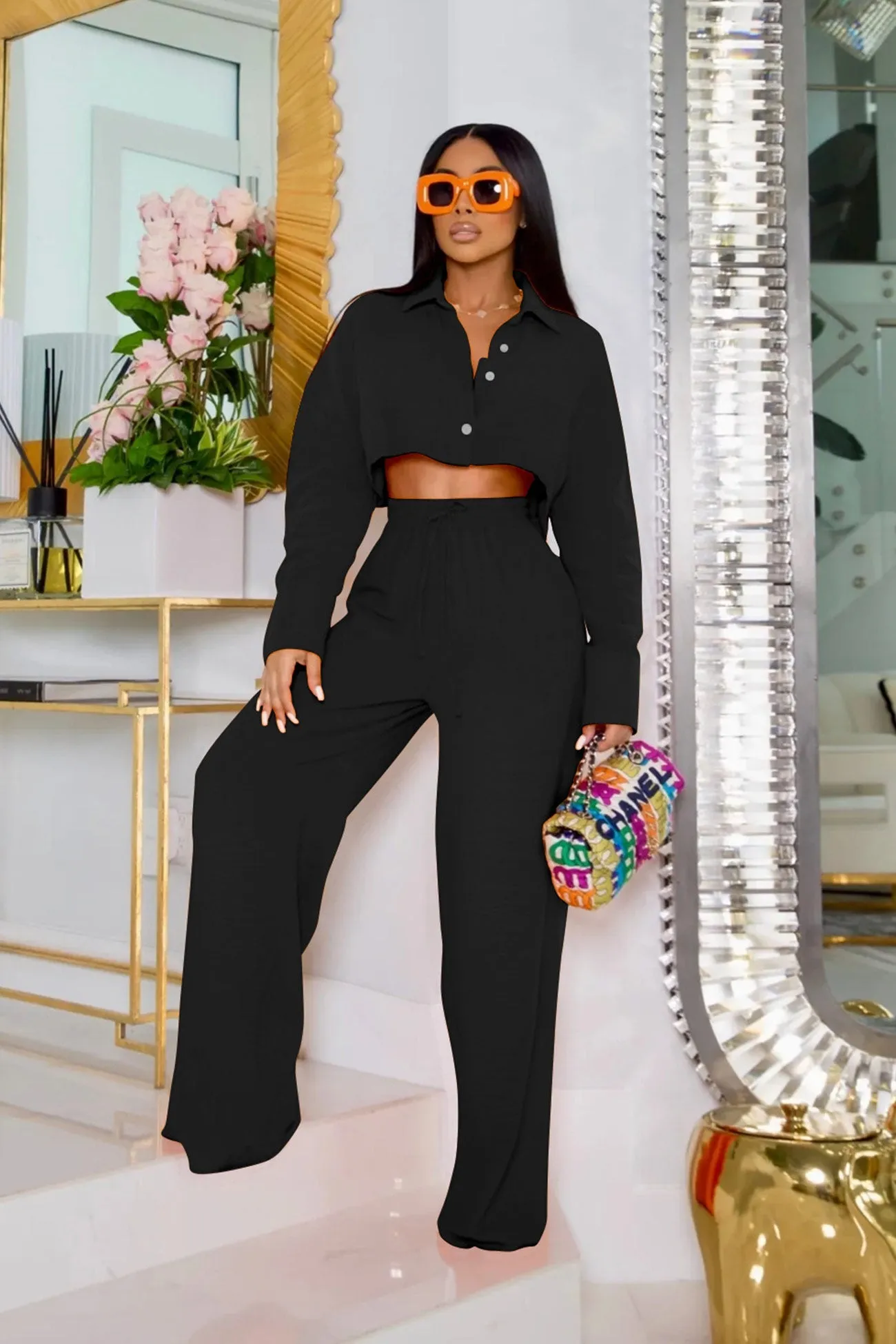 Solid Crop Shirt Wide Leg Long Pants Suits