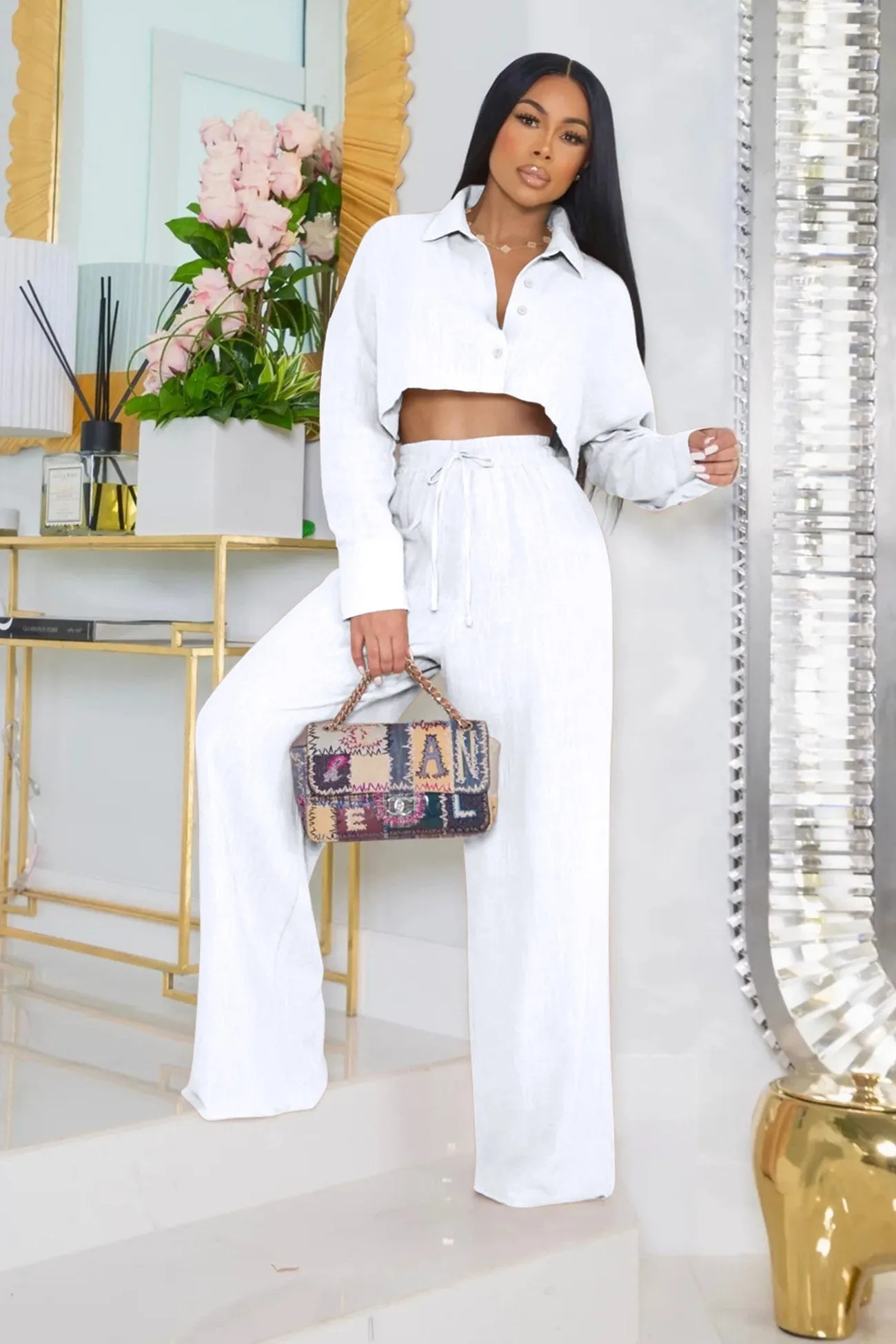 Solid Crop Shirt Wide Leg Long Pants Suits