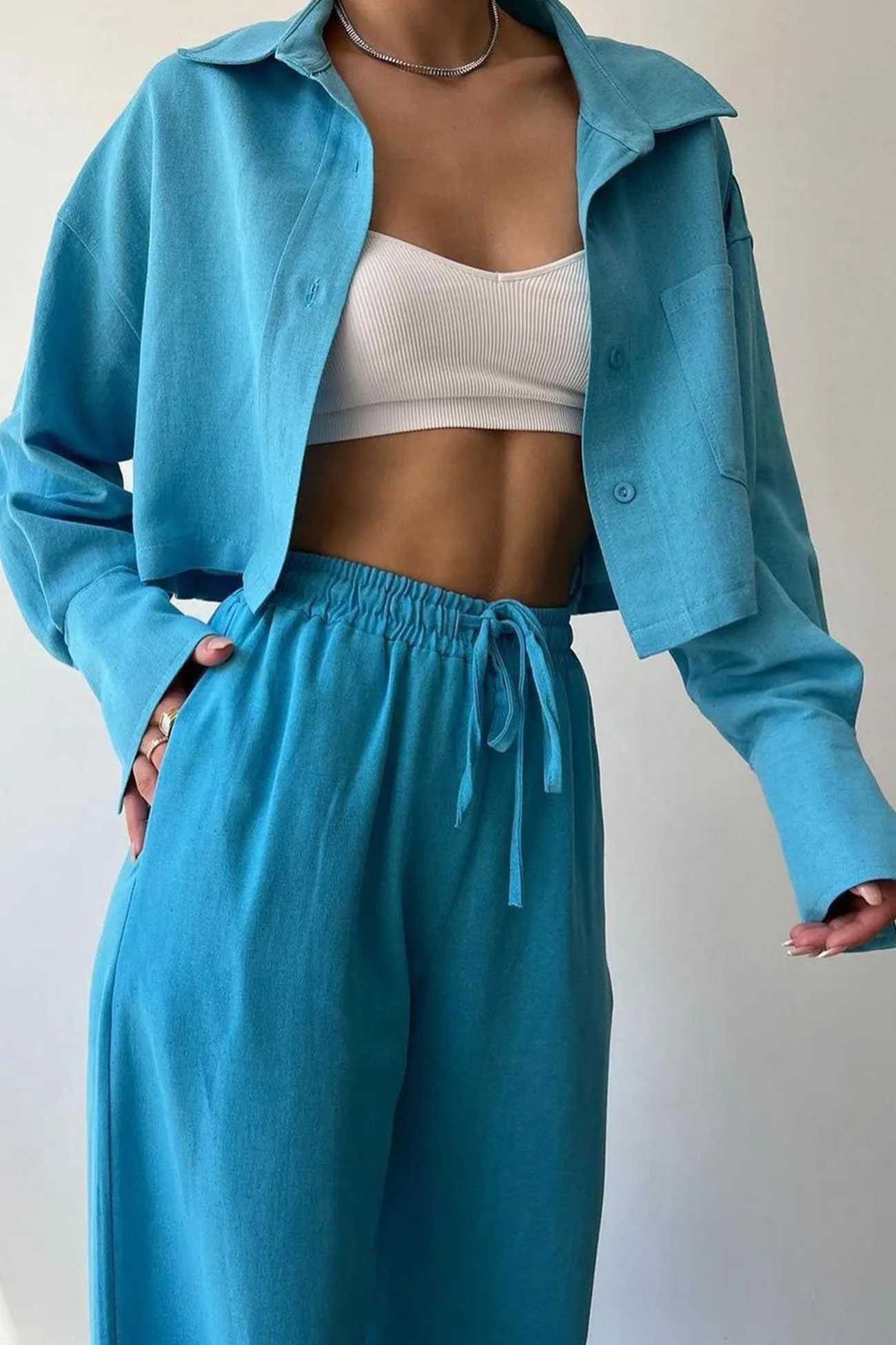 Solid Long Sleeve Shirt Crop Top Long Pants Suits