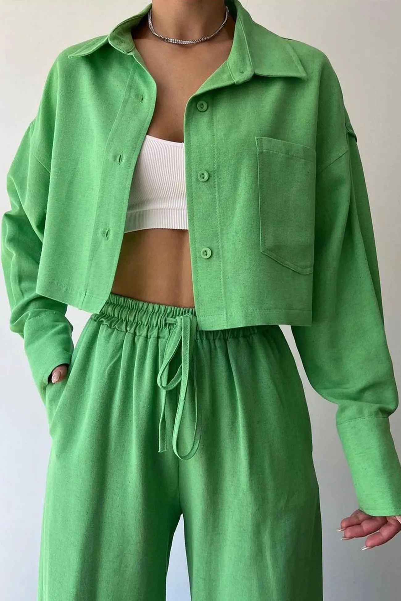 Solid Long Sleeve Shirt Crop Top Long Pants Suits