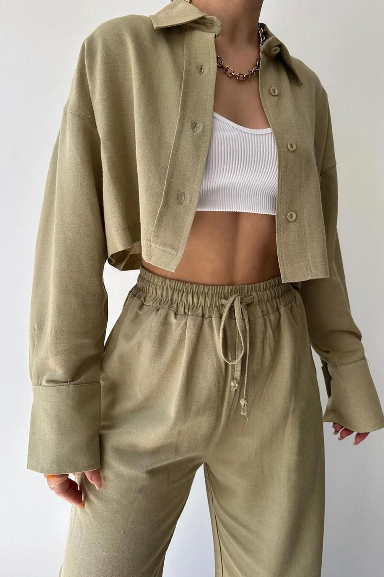 Solid Long Sleeve Shirt Crop Top Long Pants Suits