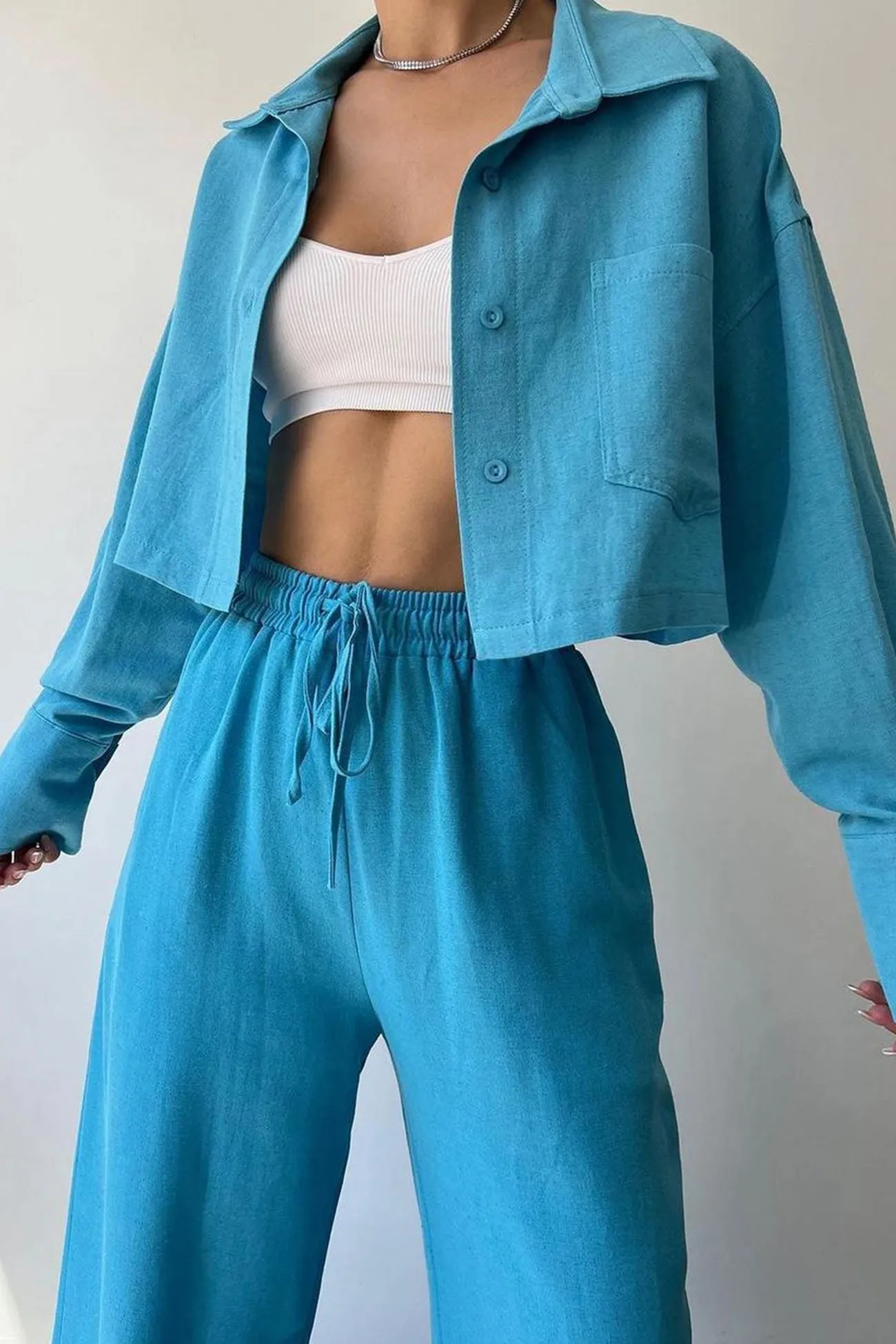 Solid Long Sleeve Shirt Crop Top Long Pants Suits