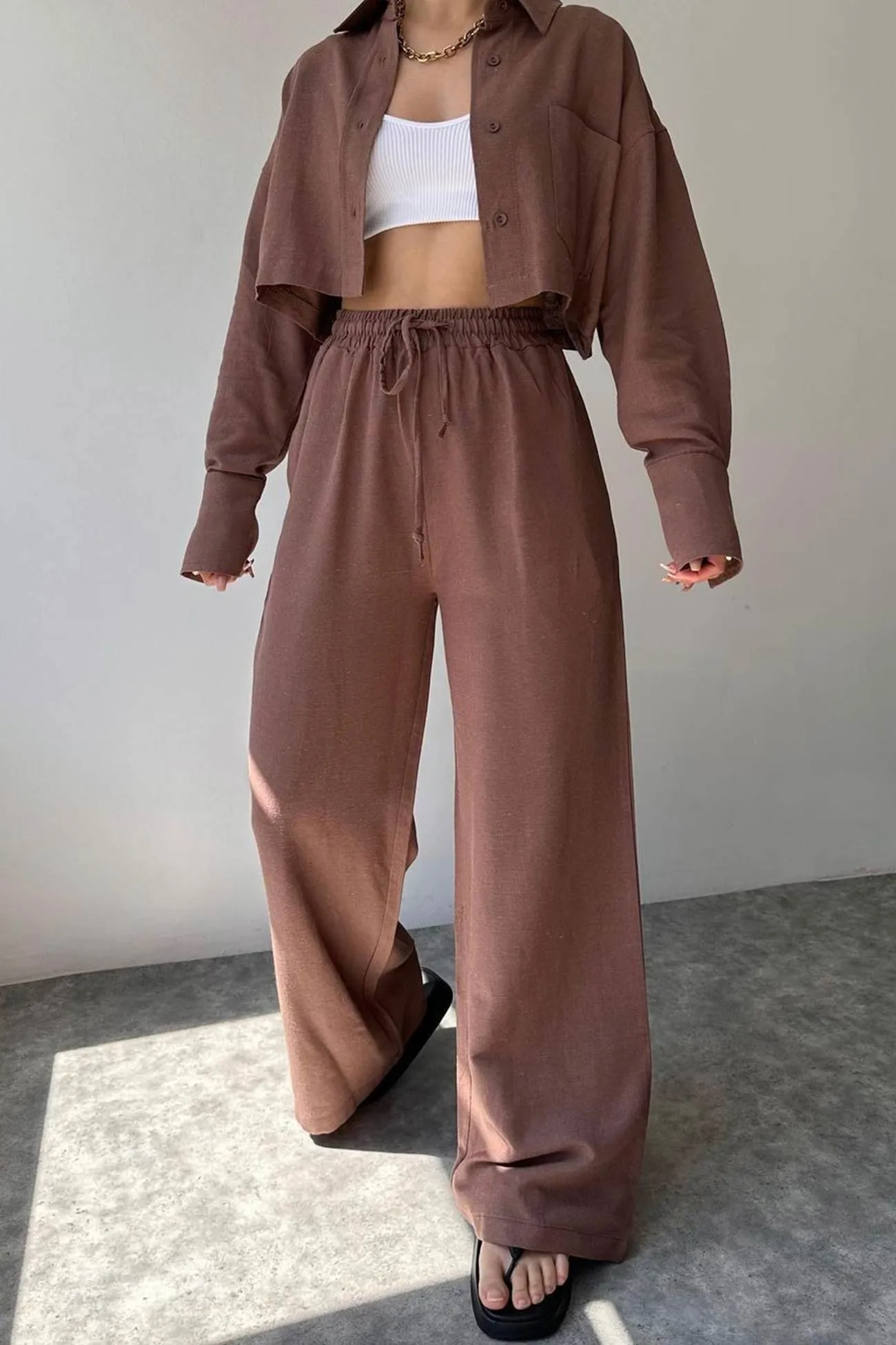 Solid Long Sleeve Shirt Crop Top Long Pants Suits