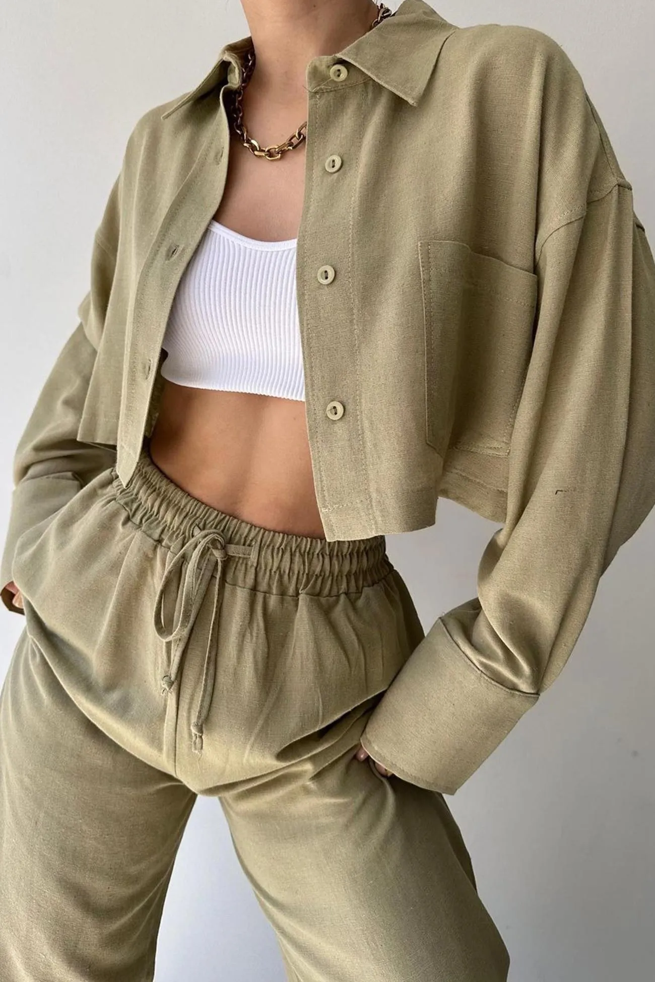 Solid Long Sleeve Shirt Crop Top Long Pants Suits