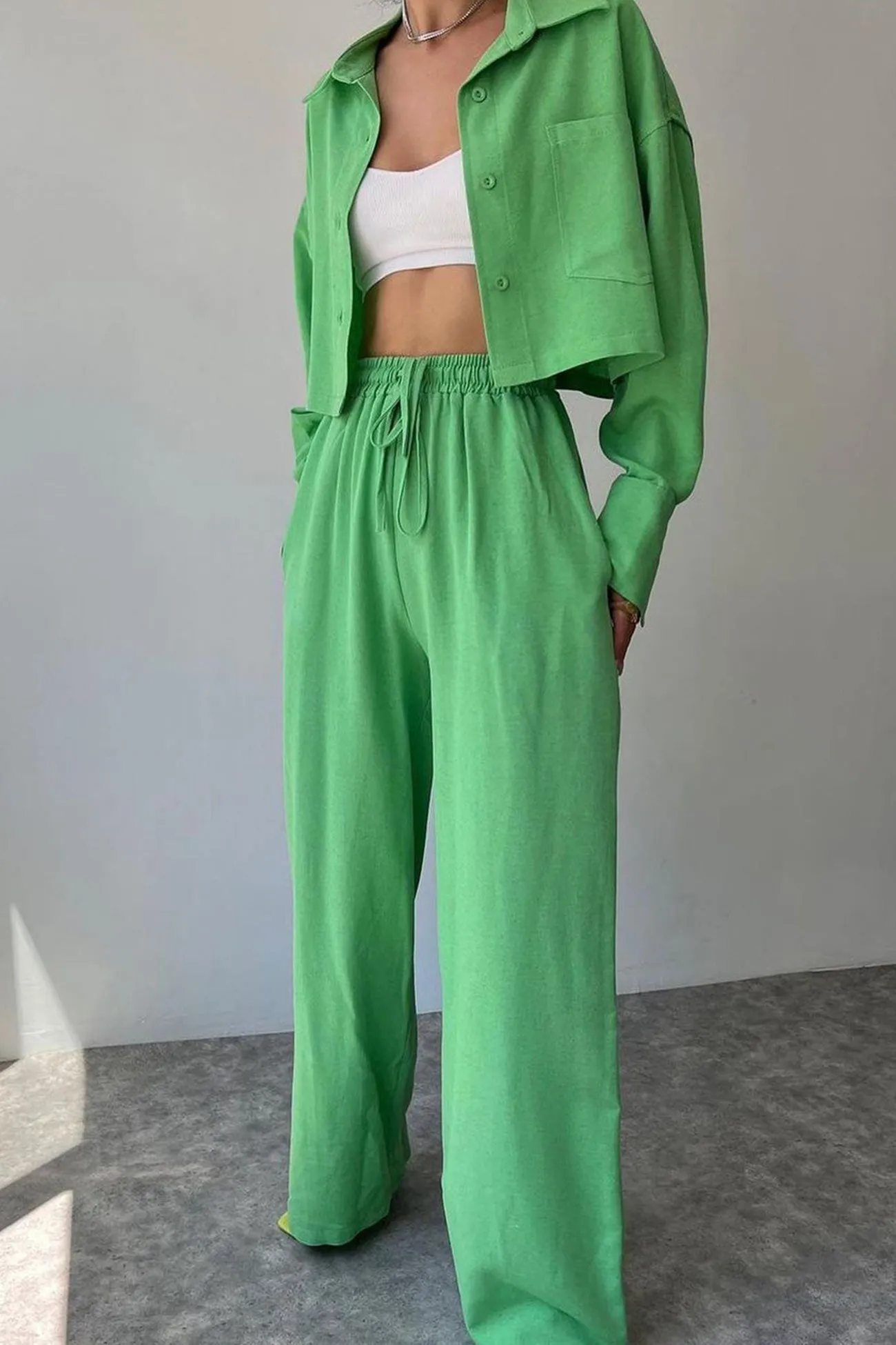 Solid Long Sleeve Shirt Crop Top Long Pants Suits