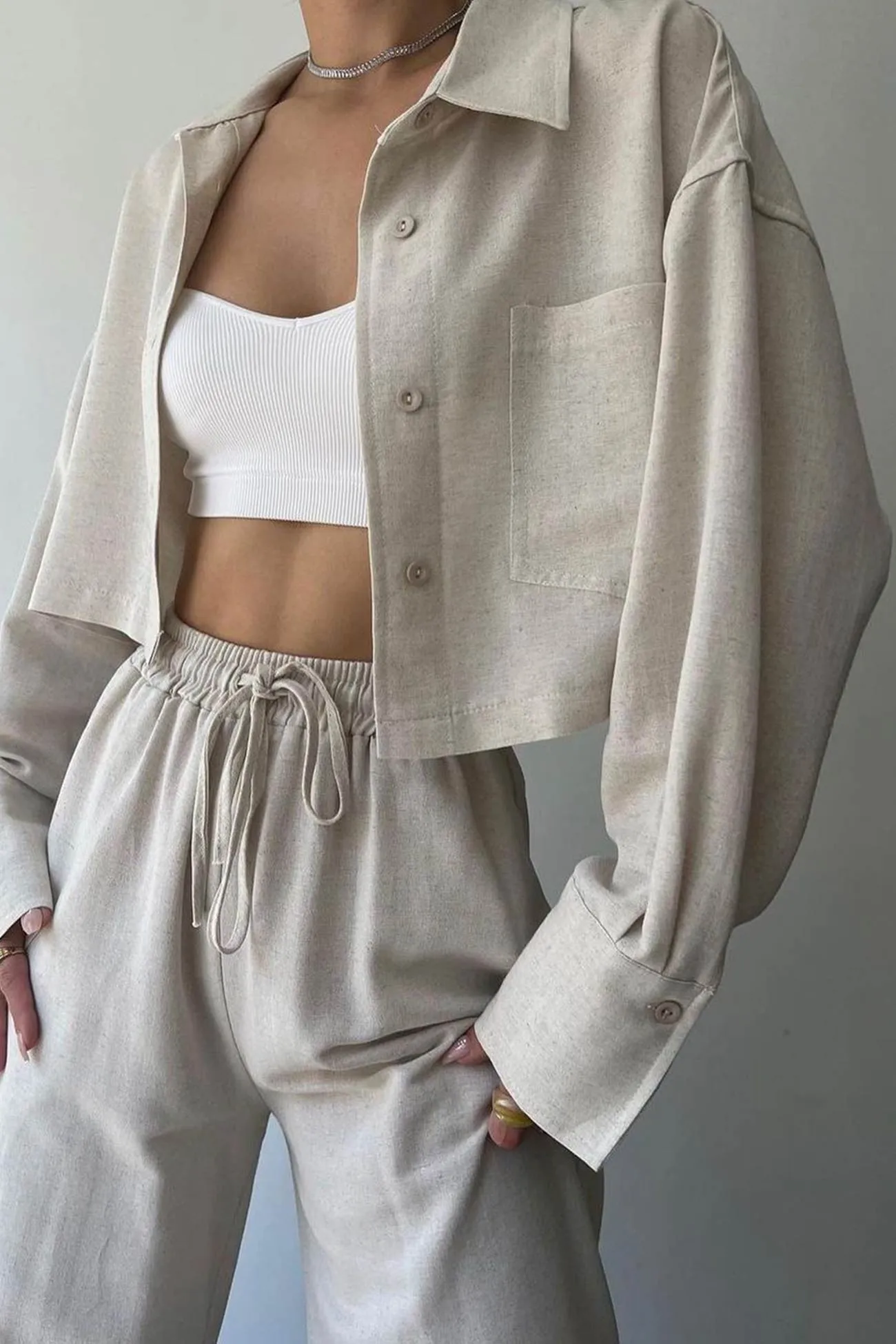 Solid Long Sleeve Shirt Crop Top Long Pants Suits