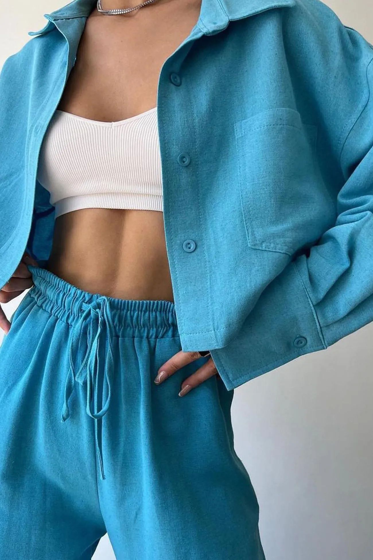 Solid Long Sleeve Shirt Crop Top Long Pants Suits