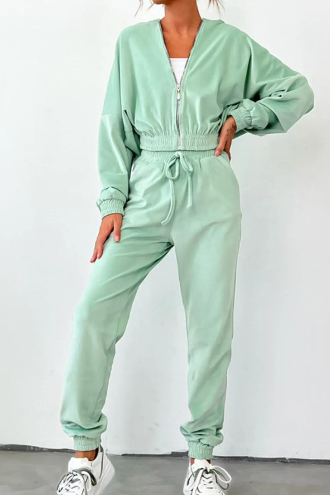 Solid Zipper Hoodie Drawstring Long Pants Suits