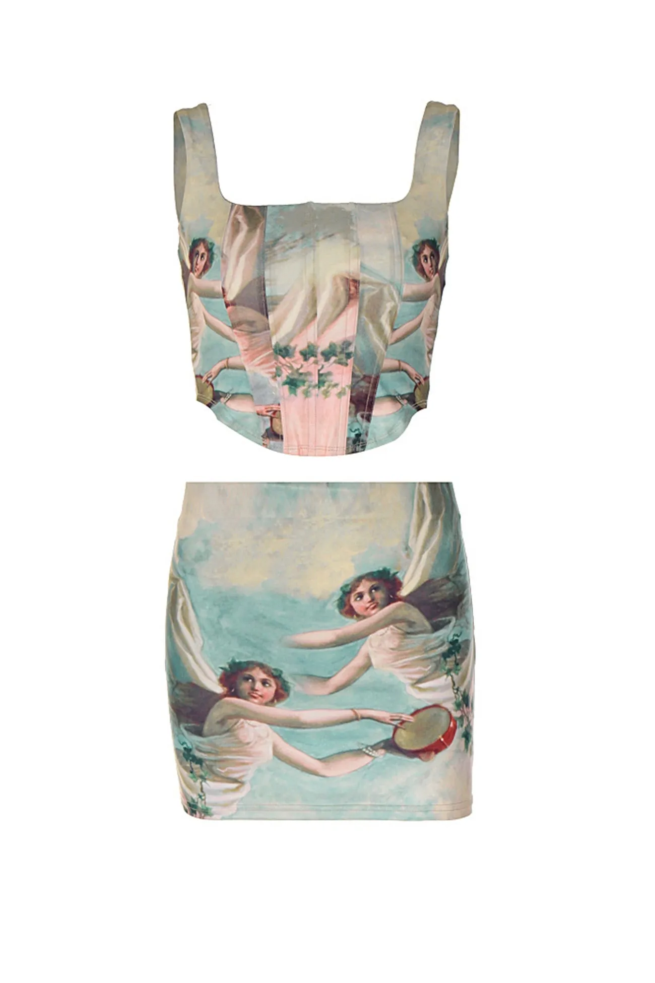 Square Neck Portrait Print Corset Crop Top Skirt Suits