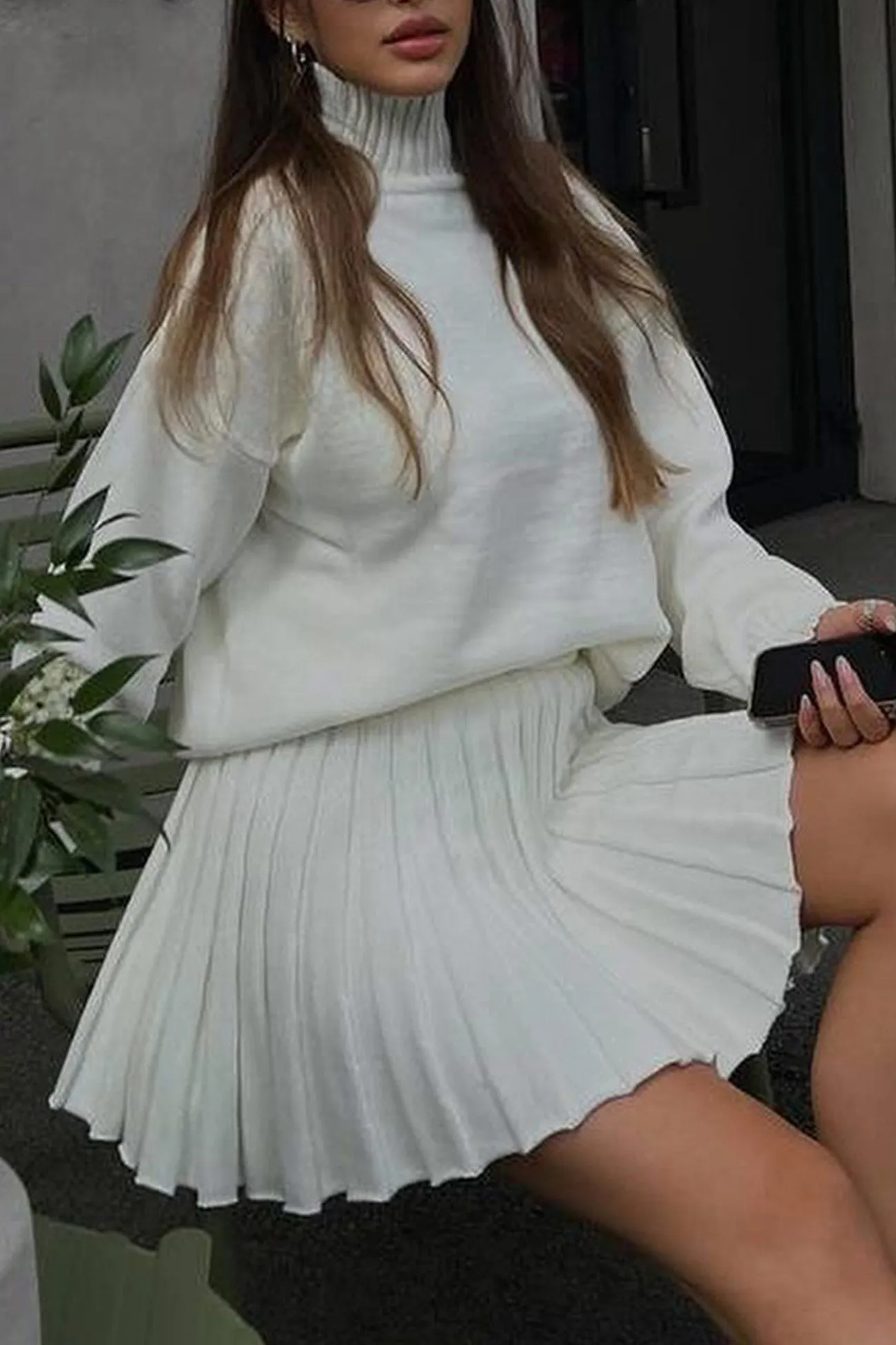 Turtleneck Sweater Pleated Mini Skirt Suits