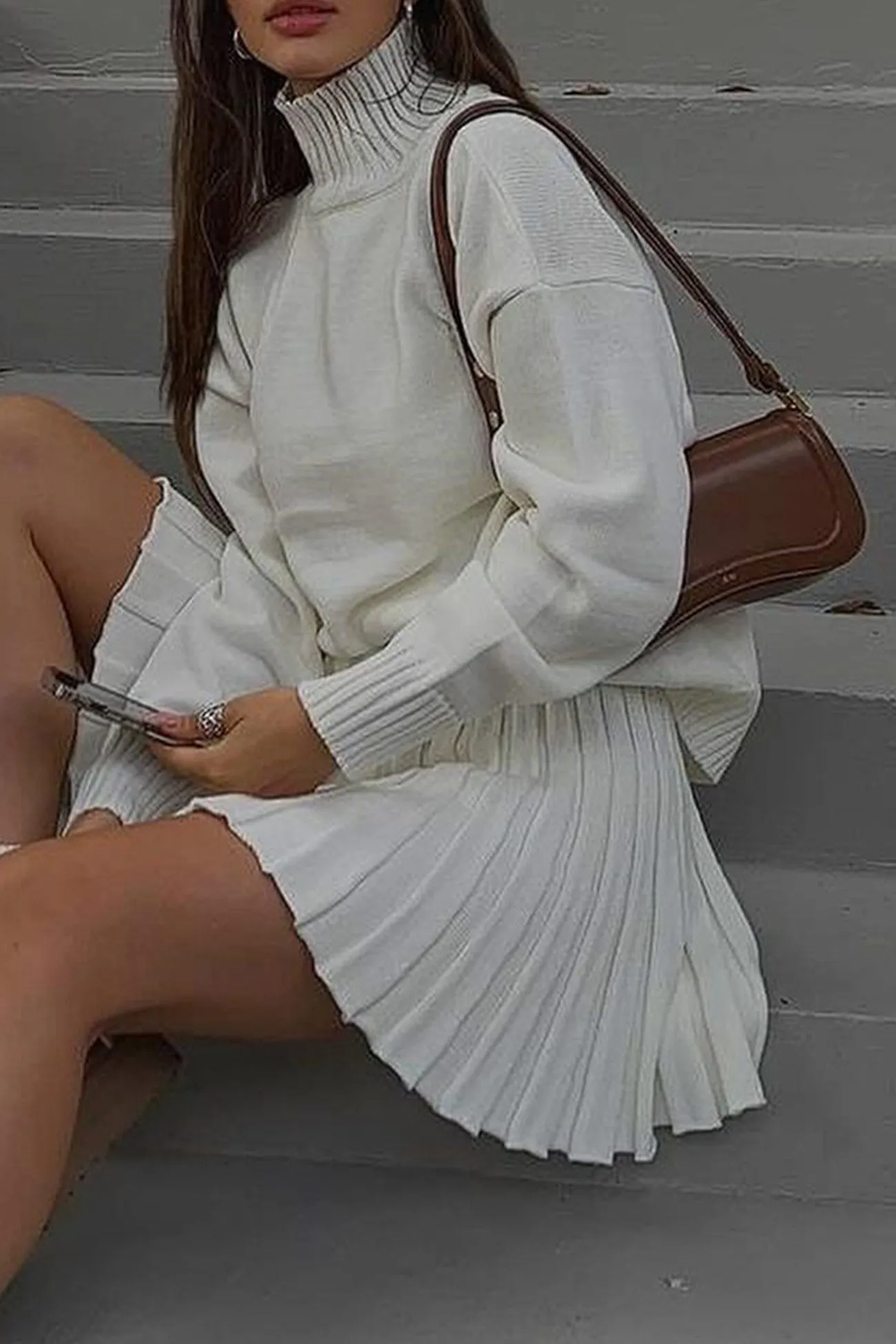 Turtleneck Sweater Pleated Mini Skirt Suits