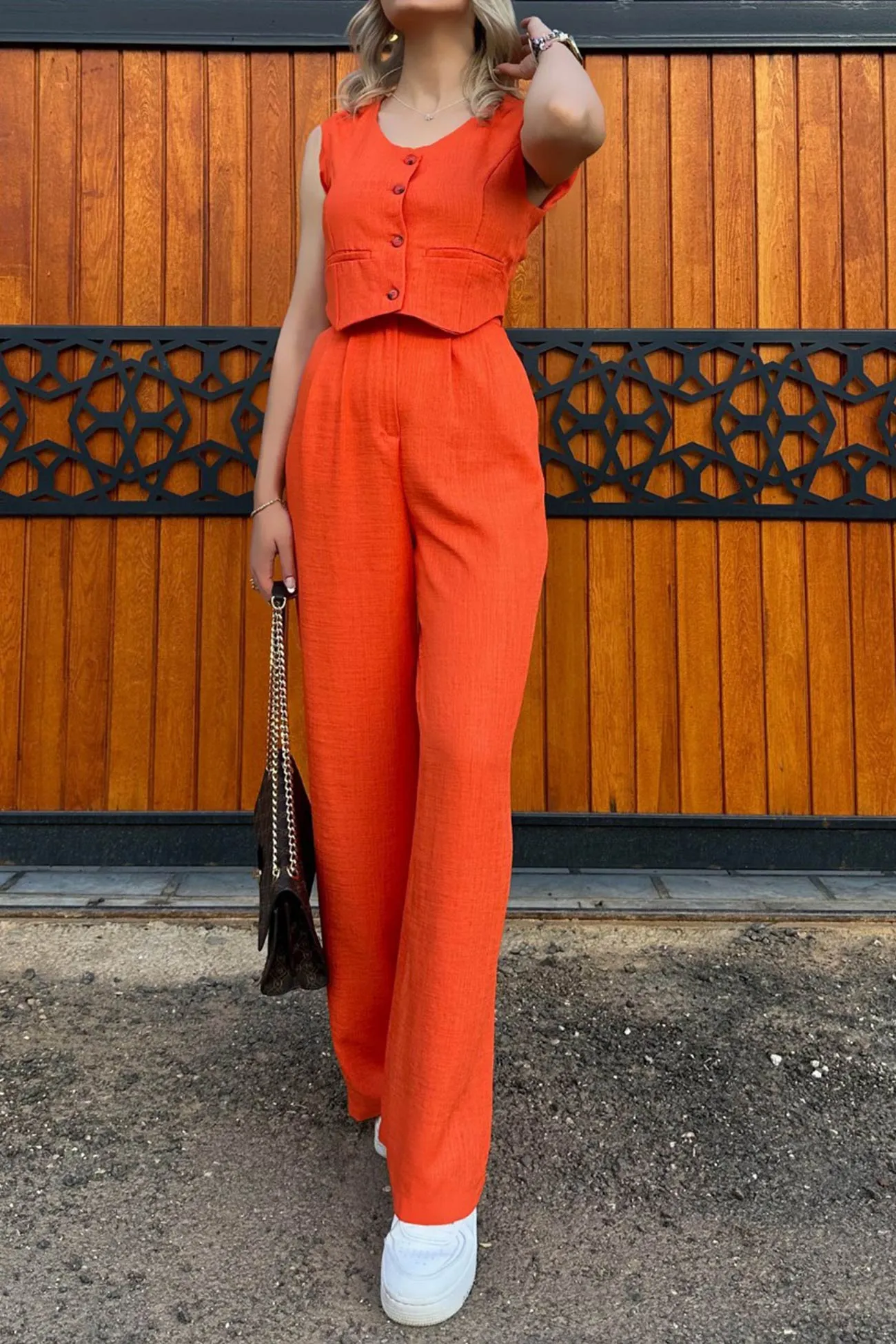 V Neck Button Down Tank Top Long Pants Suits