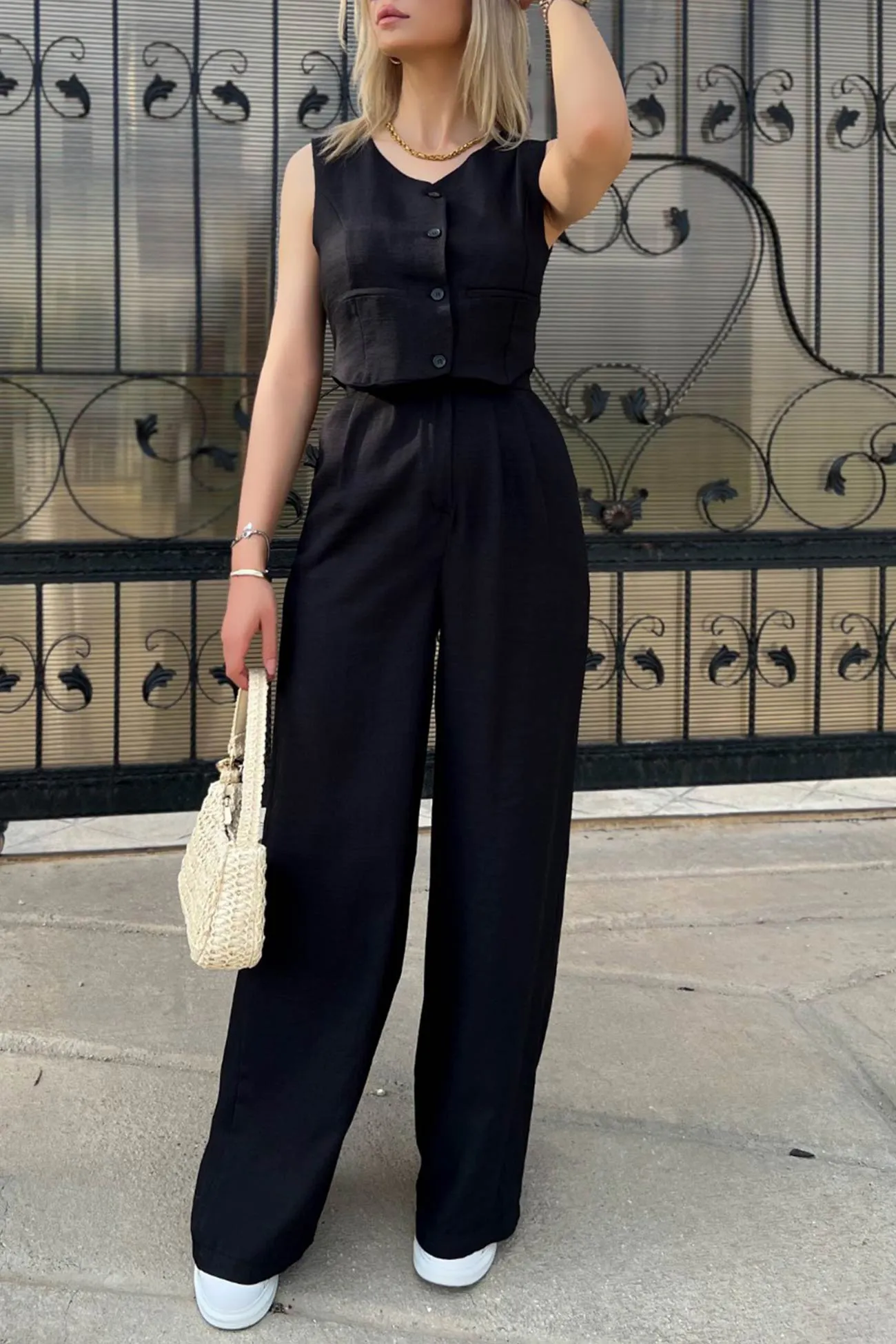 V Neck Button Down Tank Top Long Pants Suits