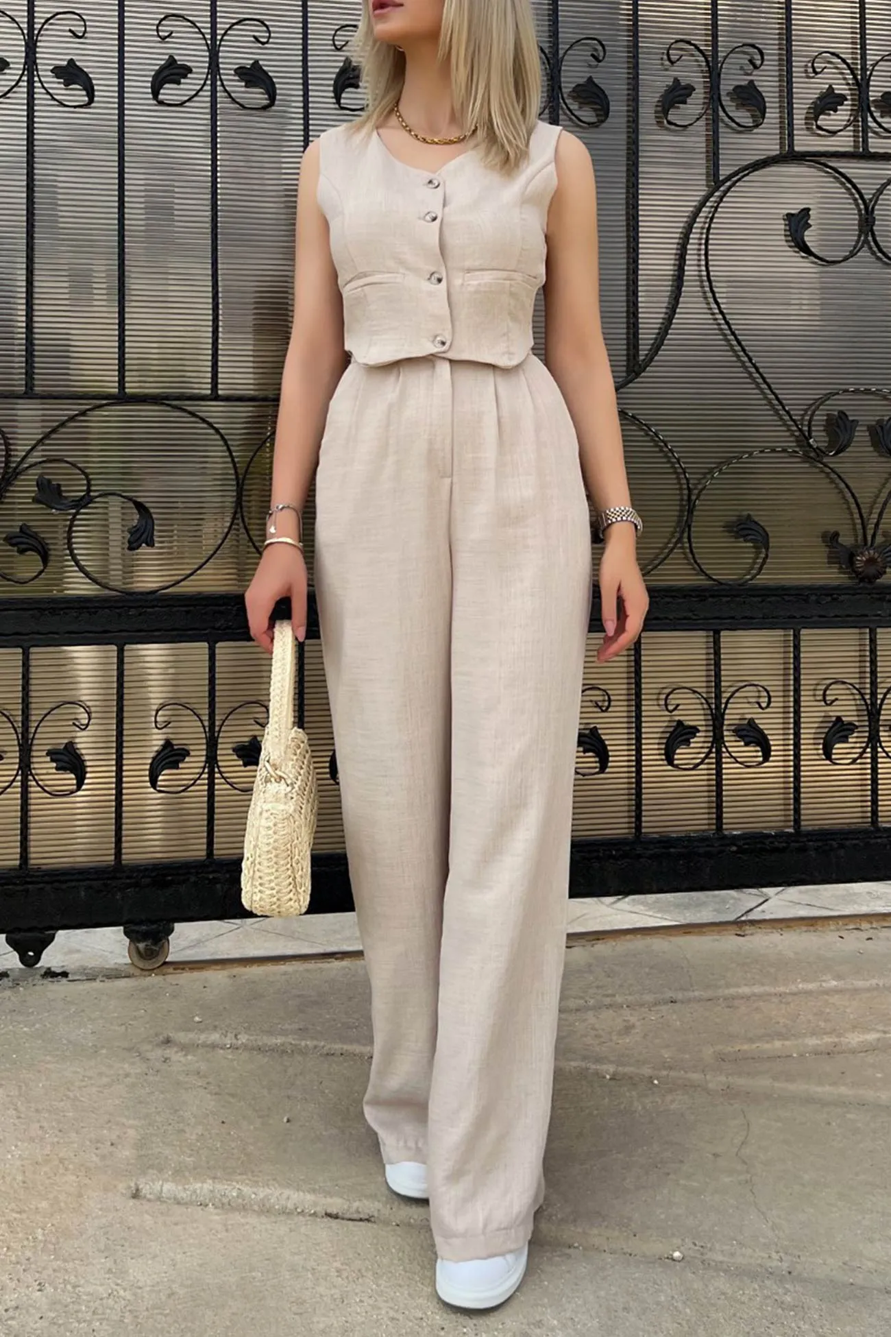 V Neck Button Down Tank Top Long Pants Suits