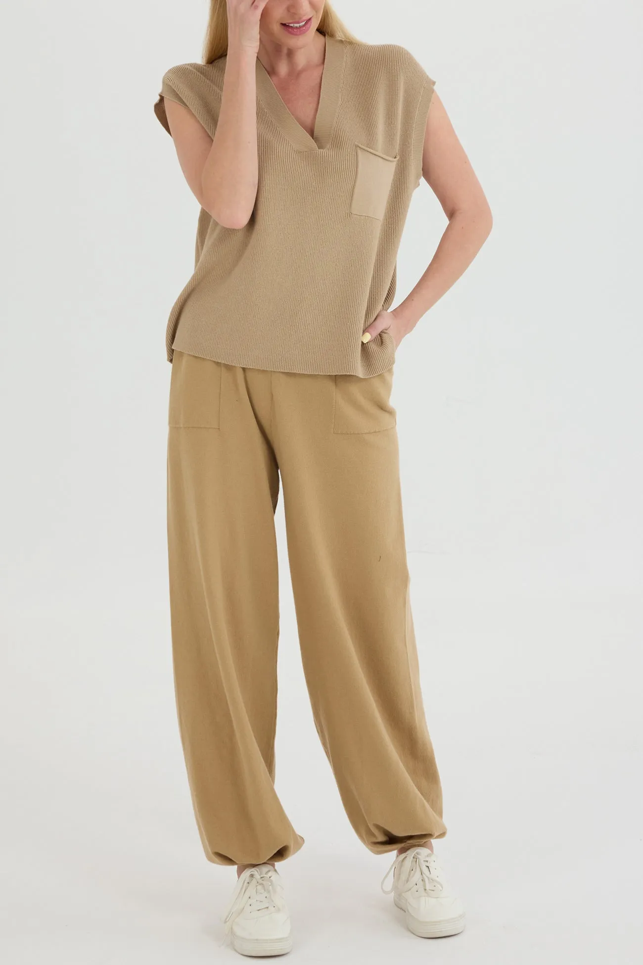 V Neck Knit Tank Top Pants Suits