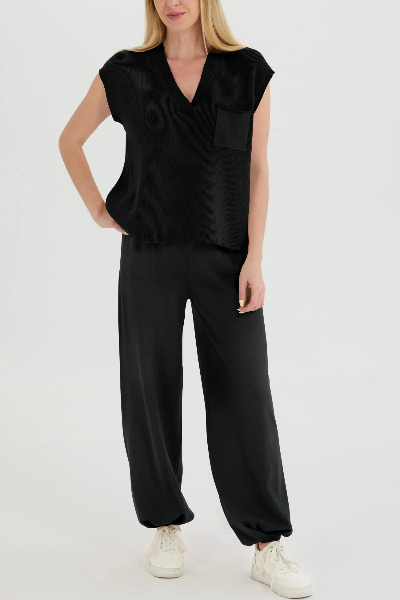 V Neck Knit Tank Top Pants Suits