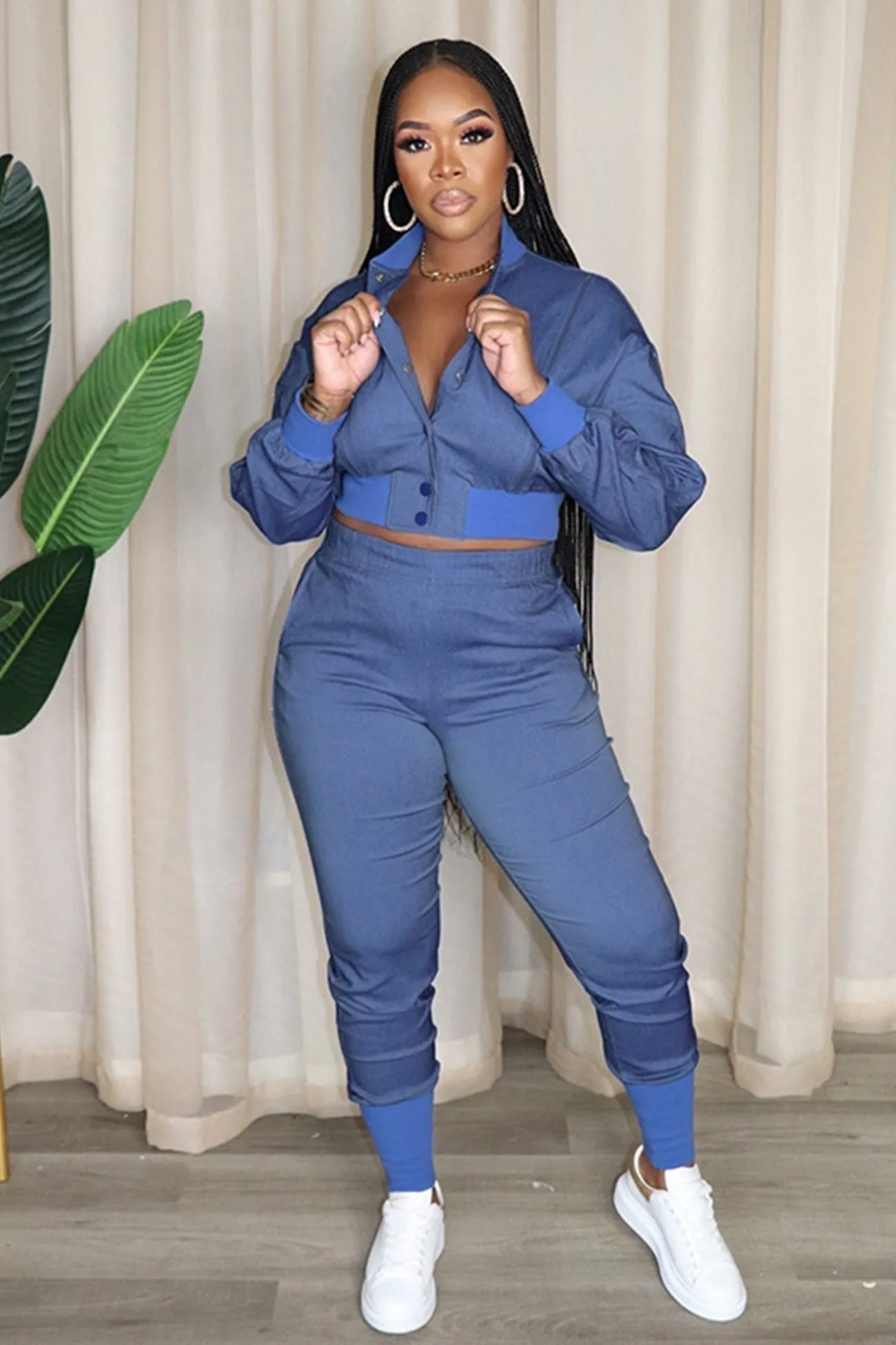 Zipper Cutout Denim Jacket Pants Suits